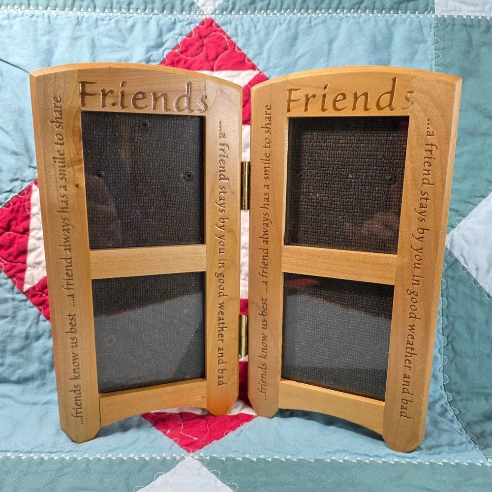Friends Double Hinged Wood Picture Frame Excellent Engraved Quote Holds 4 Photos